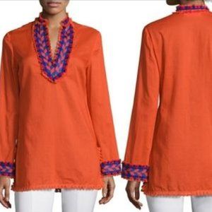 NWT TORY BURCH Samba Fringe Trim Tunic Top Orange/Blue